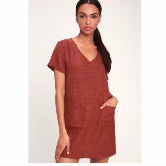 Lulu's Poppy Rusty Rose V-Neck Mini Shift Dress - Picture 2 of 11